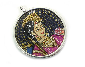 Miniature Painting Pendant - Princess Painting - Anarkali Painting -Hand Painted -Glass Framed Pendant - HandPainted Pendant -Silver Pendant