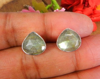 Faceted Flashy Labradorite Heart Gemstone 925 Sterling Silver 10x10mm Pear Shaped Stud Earrings Jewelry