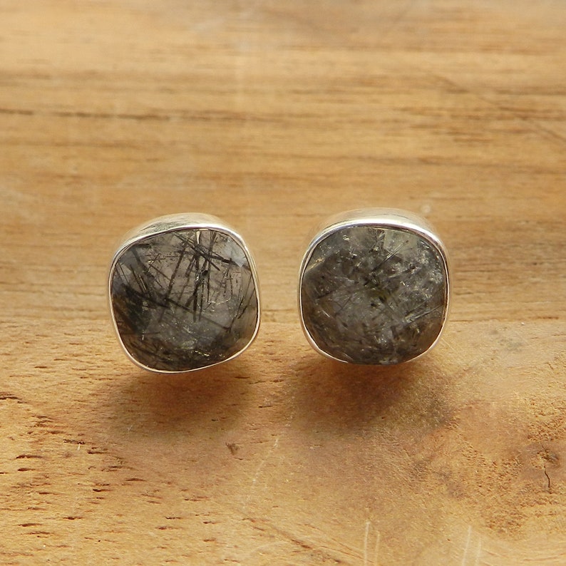 Black Rutilated Quartz 8 MM Cushion Gemstone 925 Sterling Silver Stud Earrings Handmade Jewelry, Wedding Gifts For Her image 3