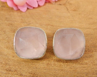 Faceted Natural Rose Quartz 12x12mm Cushion Gemstone 925 Sterling Silver with Single Bail Stud Earrings Jewelry