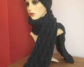 Wool mix cable knit bobble hat and scarf