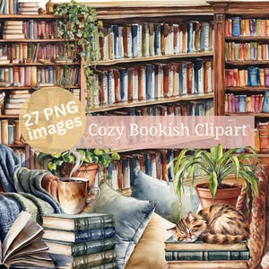 27 Watercolor Cozy Bookish Clipart Bundle | Library PNG | Reading Nook Digital Art | Dark Academia Commercial Use | Book Lover Graphics