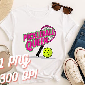 Reine du pickleball PNG | Sublimation rose fluo pour pickleball | Graphisme sportif amusant pour t-shirts et cadeaux