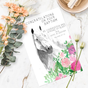 Congratulazioni per il battesimo, Cavallo acquerello con fiori di campo, STAMPA IL TUO biglietto, Biglietto vuoto all'interno.