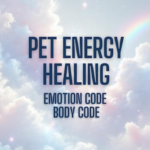 Könnte beinhalten: Ein pastellblauer Himmel mit weißen Wolken und einem Regenbogen. Der Text "PET ENERGY HEALING" ist in dunkelblau, mit den Wörtern "EMOTION CODE" und "BODY CODE" darunter in kleinerer Schrift.