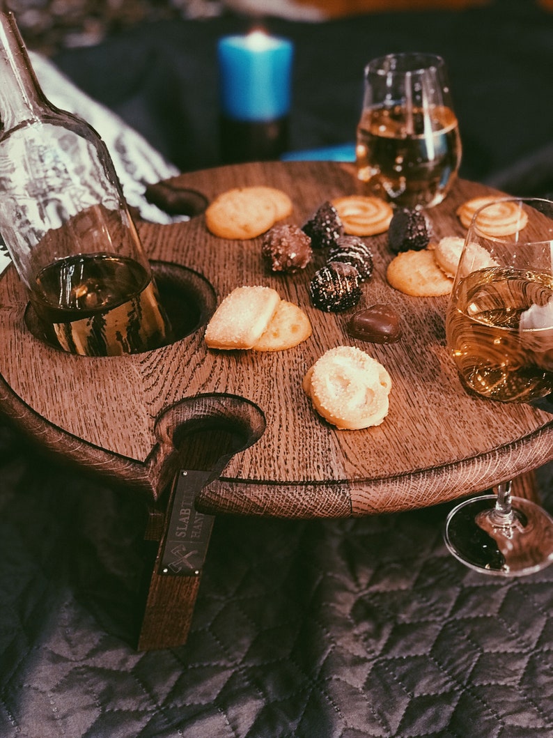 Handmade wine table with bottle and glass holders Natural oak wine table Folding wine table Wine glass holder Perfect winelover gift