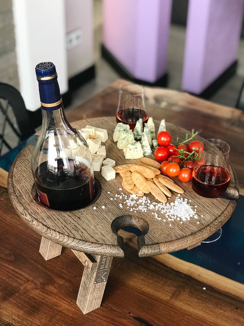 Handmade wine table with bottle and glass holders Natural oak wine table Folding wine table Wine glass holder Perfect winelover gift