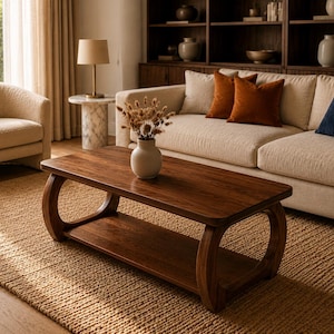 May include: A rectangular dark wood coffee table with a lower shelf and curved side supports. The table features a smooth, polished surface and is positioned in a living room setting with a beige sofa, a matching armchair, and a vase of dried flowers.