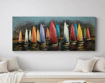 Tableau en métal 3D « Bateaux rapides » – Relief coloré de voilier au style industriel, décoration murale maritime artisanale, 144 x 44 cm