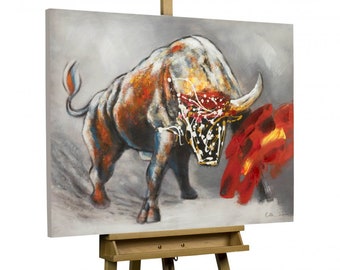 Peinture acrylique 'Le Taureau Rouge' 100 x 75 cm