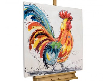 Peinture acrylique 'Coq dans le panier' 80 x 80 cm