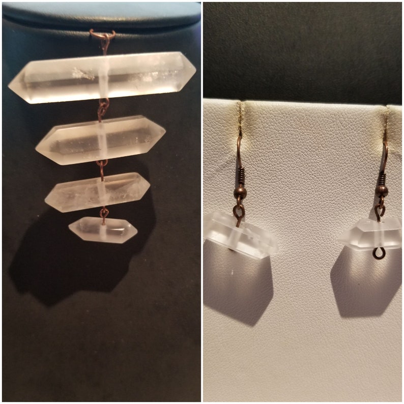 Graduated double point quartz crystal necklace and earring set