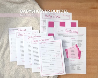 Baby Shower Bundle Dutch | Print Yourself | Girl | 30 Seconds | Mom or Dad Quiz | Alphabet | Baby Animals