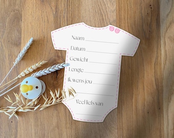 Baby shower fill-in card romper Dutch | Print yourself | 2 pieces on A4 format PDF | Girl