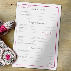 Babyshower invulkaart Nederlands | Zelf printen | 2 stuks op A4 formaat PDF | Meisje