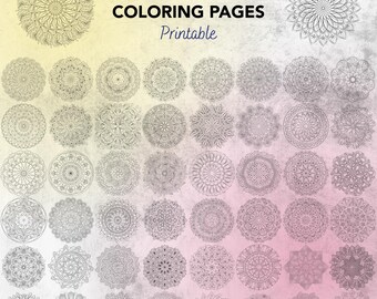 Pode incluir: 50 páginas para colorir de mandalas imprimíveis. As páginas apresentam desenhos intrincados em preto e branco sobre um fundo rosa claro e amarelo.