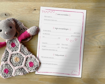 Babyshower invulkaart Nederlands | Zelf printen | 2 stuks op A4 formaat PDF | Meisje