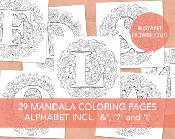 Alphabet letters mandala coloring pages | A-Z incl. &, ? and ! | Wall art | Instant digital download