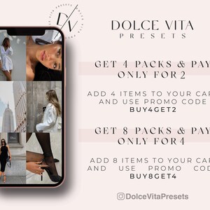K&ouml;nnte beinhalten: Ein ros&eacute;goldenes Smartphone zeigt eine Collage von Mode- und Lifestyle-Bildern. Der Text lautet "DOLCE VITA PRESETS" und bietet eine Aktion an: "GET 4 PACKS & PAY ONLY FOR 2" und "GET 8 PACKS & PAY ONLY FOR 4".