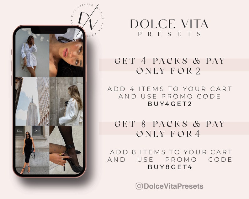 K&ouml;nnte beinhalten: Ein ros&eacute;goldenes Smartphone zeigt eine Collage von Mode- und Lifestyle-Bildern. Der Text lautet "DOLCE VITA PRESETS" und bietet eine Aktion an: "GET 4 PACKS & PAY ONLY FOR 2" und "GET 8 PACKS & PAY ONLY FOR 4".
