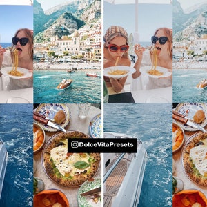 K&ouml;nnte beinhalten: Ein geteiltes Bild, das einen Vorher-Nachher-Vergleich einer Fotobearbeitung zeigt. Die obere H&auml;lfte zeigt zwei Frauen beim Essen von Pasta mit K&uuml;stenhintergrund. Die untere H&auml;lfte zeigt eine Pizza und ein Boot. Text: "Dolce Vita Presets".