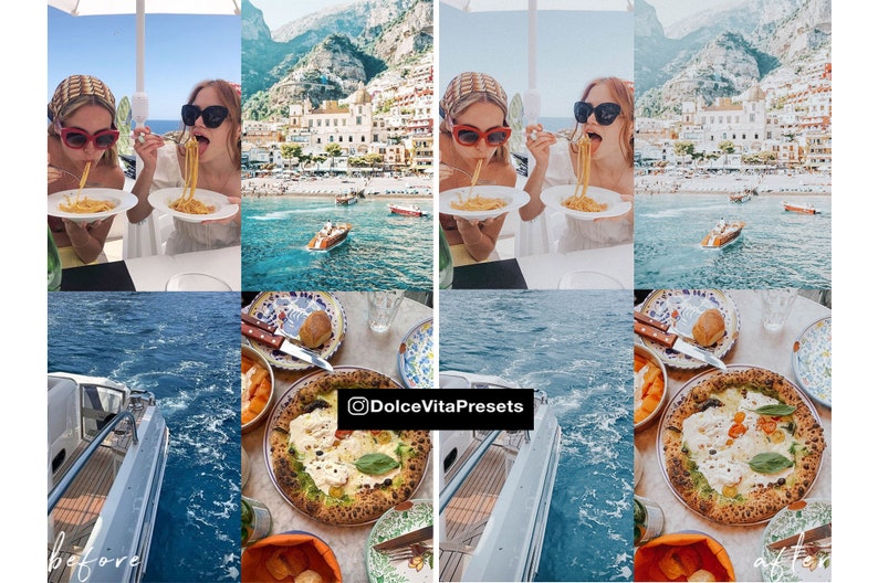 K&ouml;nnte beinhalten: Ein geteiltes Bild, das einen Vorher-Nachher-Vergleich einer Fotobearbeitung zeigt. Die obere H&auml;lfte zeigt zwei Frauen beim Essen von Pasta mit K&uuml;stenhintergrund. Die untere H&auml;lfte zeigt eine Pizza und ein Boot. Text: "Dolce Vita Presets".