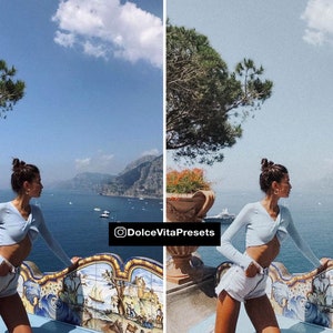K&ouml;nnte beinhalten: Eine Person in einem hellblauen Oberteil und wei&szlig;en Shorts steht auf einem Balkon mit Blick auf das Meer. Das Bild ist geteilt, mit "Vorher"- und "Nachher"-Versionen eines Fotopresets. Der Text "DolceVitaPresets" ist sichtbar.