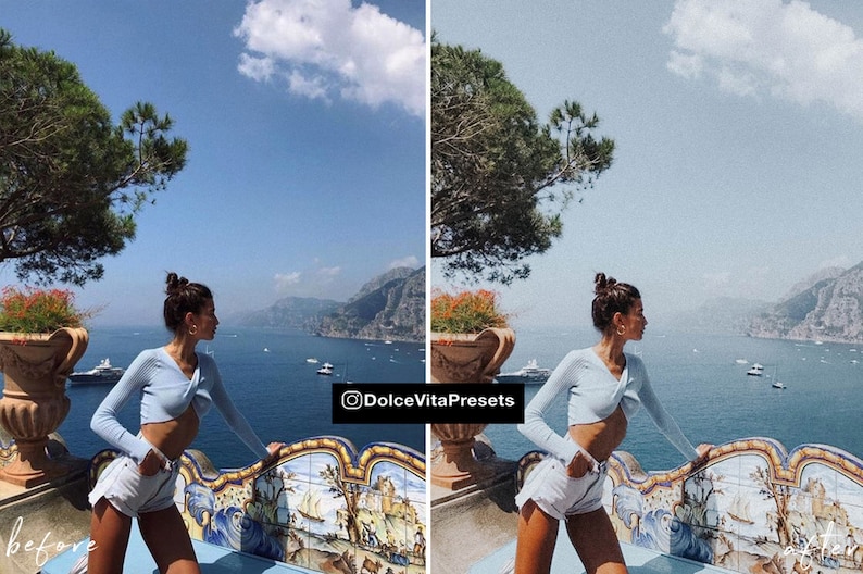 K&ouml;nnte beinhalten: Eine Person in einem hellblauen Oberteil und wei&szlig;en Shorts steht auf einem Balkon mit Blick auf das Meer. Das Bild ist geteilt, mit "Vorher"- und "Nachher"-Versionen eines Fotopresets. Der Text "DolceVitaPresets" ist sichtbar.