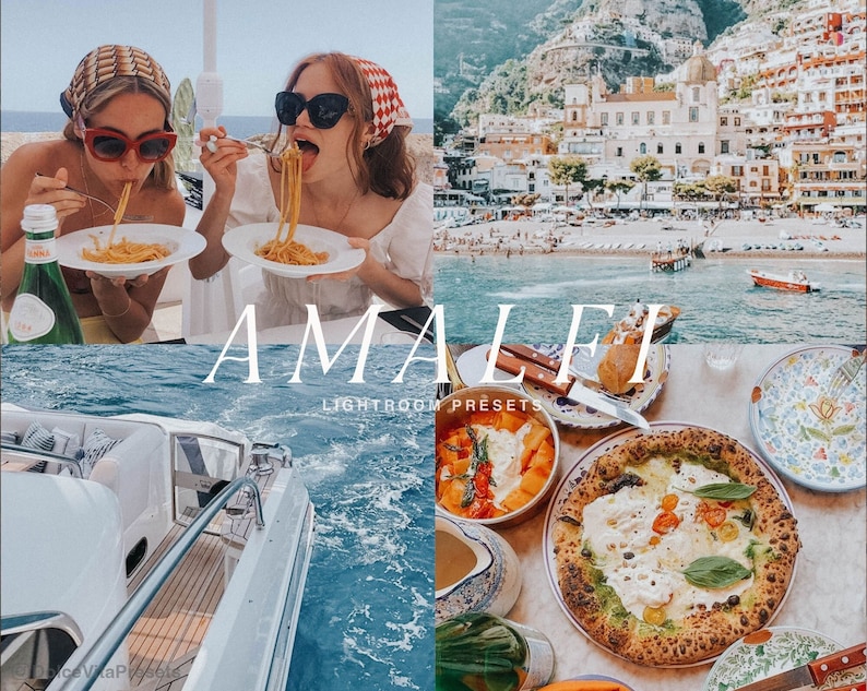 K&ouml;nnte beinhalten: Eine Collage mit Szenen aus Amalfi, Italien. Das Bild zeigt zwei Personen beim Essen von Pasta, eine K&uuml;stenstadt, ein Boot auf dem Wasser und einen Tisch mit Pizza und anderen Gerichten. Der Text "AMALFI LIGHTROOM PRESETS" ist &uuml;berlagert.