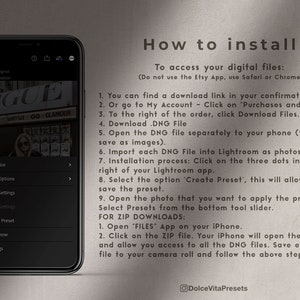 K&ouml;nnte beinhalten: Ein Smartphone zeigt Anweisungen zur Installation digitaler Dateien an, mit dem Text "How to install" oben. Der Bildschirm zeigt die Lightroom-App-Oberfl&auml;che. Der Hintergrund ist hellbeige.