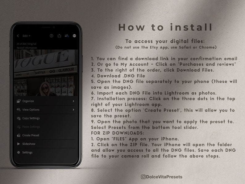 K&ouml;nnte beinhalten: Ein Smartphone zeigt Anweisungen zur Installation digitaler Dateien an, mit dem Text "How to install" oben. Der Bildschirm zeigt die Lightroom-App-Oberfl&auml;che. Der Hintergrund ist hellbeige.