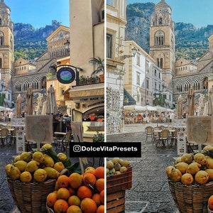 K&ouml;nnte beinhalten: Eine italienische Stra&szlig;enszene mit einer Kirche und einem Glockenturm, Gesch&auml;ften und Sitzgelegenheiten im Freien. K&ouml;rbe mit Orangen und Zitronen befinden sich im Vordergrund. Das Bild ist geteilt, mit "Vorher"- und "Nachher"-Versionen einer Fotobearbeitung, mit dem Text "DolceVitaPresets".