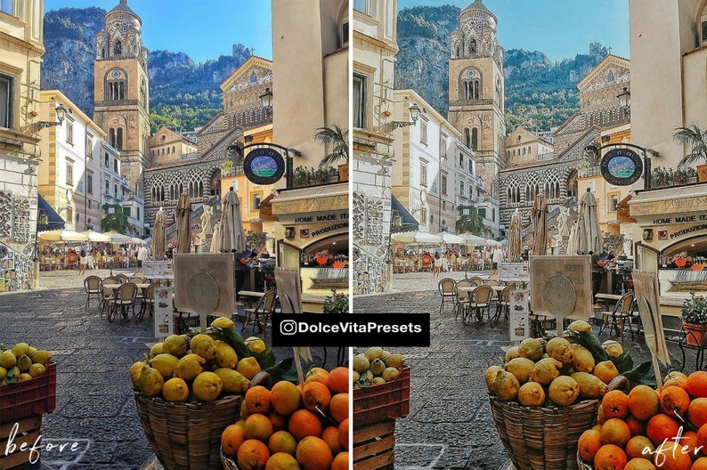 K&ouml;nnte beinhalten: Eine italienische Stra&szlig;enszene mit einer Kirche und einem Glockenturm, Gesch&auml;ften und Sitzgelegenheiten im Freien. K&ouml;rbe mit Orangen und Zitronen befinden sich im Vordergrund. Das Bild ist geteilt, mit "Vorher"- und "Nachher"-Versionen einer Fotobearbeitung, mit dem Text "DolceVitaPresets".