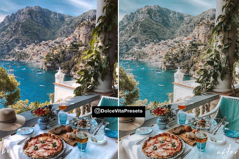 K&ouml;nnte beinhalten: Eine malerische Essszene im Freien mit Pizza, Brot und Getr&auml;nken auf einem Tisch. Der Tisch ist mit blauem Glas und einem Strohhut gedeckt. Der Hintergrund zeigt eine K&uuml;stenstadt und Berge.