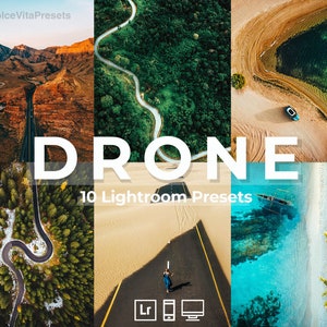 Puede incluir: Un collage de fotografías aéreas de paisajes con la palabra "DRONE" en letras blancas grandes. Las imágenes muestran carreteras que serpentean a través de montañas, bosques y desiertos, junto con el texto "10 Lightroom Presets".