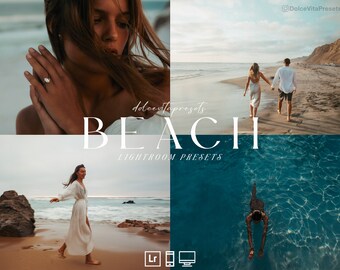 Pode incluir: Imagem promocional para "Dolce Vita Presets" com cenas de praia. A palavra "BEACH" é exibida em letras brancas grandes. A imagem inclui uma mulher na praia, um casal caminhando na praia e uma pessoa nadando em uma piscina. Texto: "LIGHTROOM PRESETS".