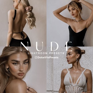 May include: A collage featuring four images of women wearing various outfits. The word "NUDE" is displayed in large, elegant font, with "LIGHTROOM PRESETS" and "DolceVitaPresets" below. The images showcase different styles and poses.
