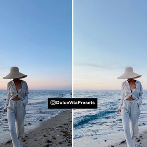 K&ouml;nnte beinhalten: Eine Person mit beigem Sonnenhut, hellfarbenem Hemd und passender Hose, die an einem Strand spaziert. Der Himmel hat einen Farbverlauf von Blau und Orange. Das Bild hat den Text "DolceVitaPresets" und "before" und "after".