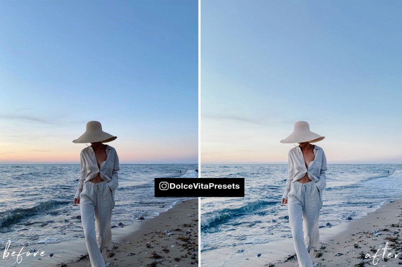 K&ouml;nnte beinhalten: Eine Person mit beigem Sonnenhut, hellfarbenem Hemd und passender Hose, die an einem Strand spaziert. Der Himmel hat einen Farbverlauf von Blau und Orange. Das Bild hat den Text "DolceVitaPresets" und "before" und "after".