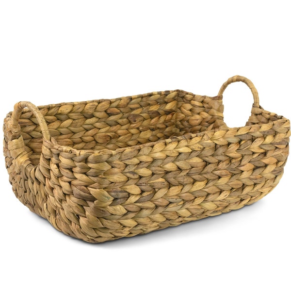 Hand Woven Water Hyacinth Storage Basket Shelf Organizer Rectangular Wicker Baskets with Handles 15 x 10 x 6 inches