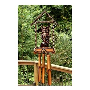 Handmade Wooden Owl House Bamboo Wind Chime Wood Statue Figurine Hoot Sculpture Decorative Patio Garden Outdoor Decor Handcrafted Decoration