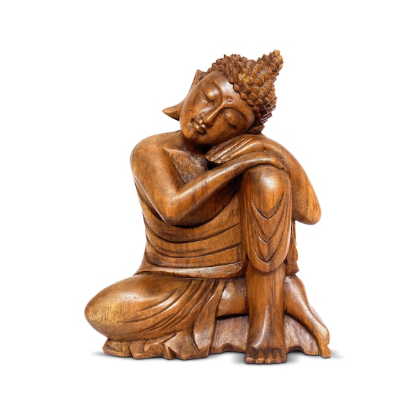 8" Wooden Serene Sleeping Buddha Statue Handmade Meditating Resting Sitting Wood Hand Carved Sculpture Figurine Home Decor Oriental