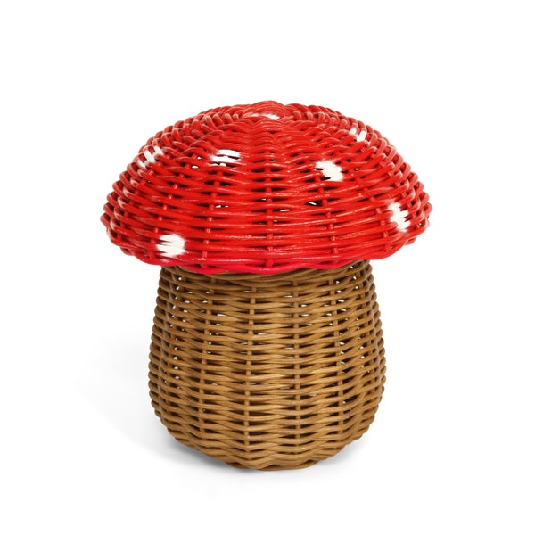 Mushroom Rattan Storage Basket With Lid Decorative Bin Decor Hand Woven Shelf Organizer Cute Handmade Handcrafted Gift Decoration Wicker