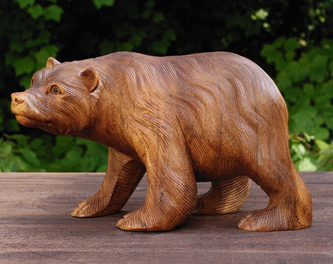 Wooden Hand Carved Bear Statue Handcrafted Handmade Figurine Sculpture