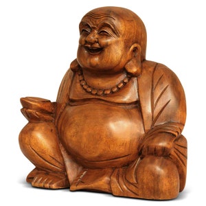 12 Wooden Laughing Happy Buddha Statue Hand Carved Smiling Sitting ...