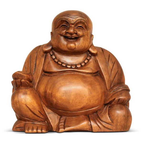 Wooden Laughing Happy Buddha Statue Hand Carved Smiling Sitting Sculpture Handmade Figurine Decorative Home Decor Handcrafted Art Decoration