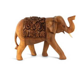 Wooden Hand Carved Walking Elephant Statue Figurine Sculpture Art Decorative Rustic Home Decor Accent Handmade Handcrafted Decoration Wood