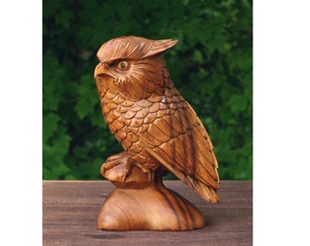 8" Wooden Handmade Owl Bird Statue Handcrafted Figurine Art Home Decor Sculpture Wood Hand Carved Decorative Accent Decoration