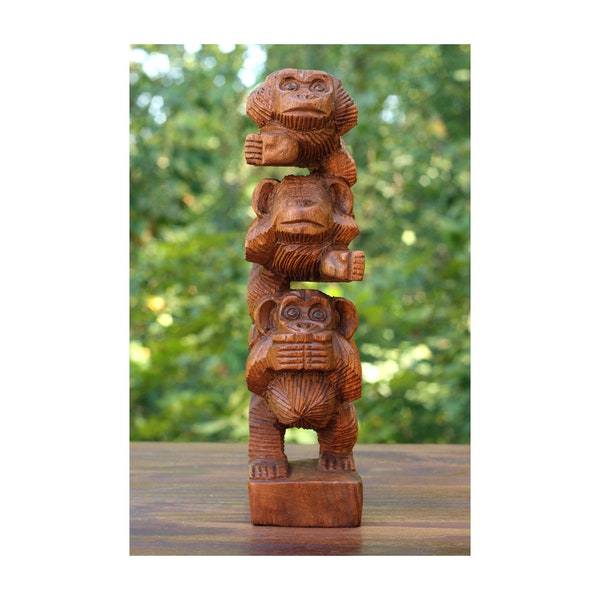 3 singes empilés en bois sculptés à la main voient, n'entendent pas et ne disent pas le mal, figurines sculptées à la main, décor artisanal en bois, statue de trois singes