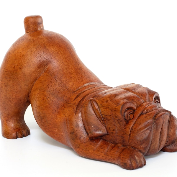 Wooden Hand Carved Crouching Bulldog Statue Figurine Sculpture Art Rustic Home Decor Accent Handmade Handcrafted Wood Gift Dog Artwork